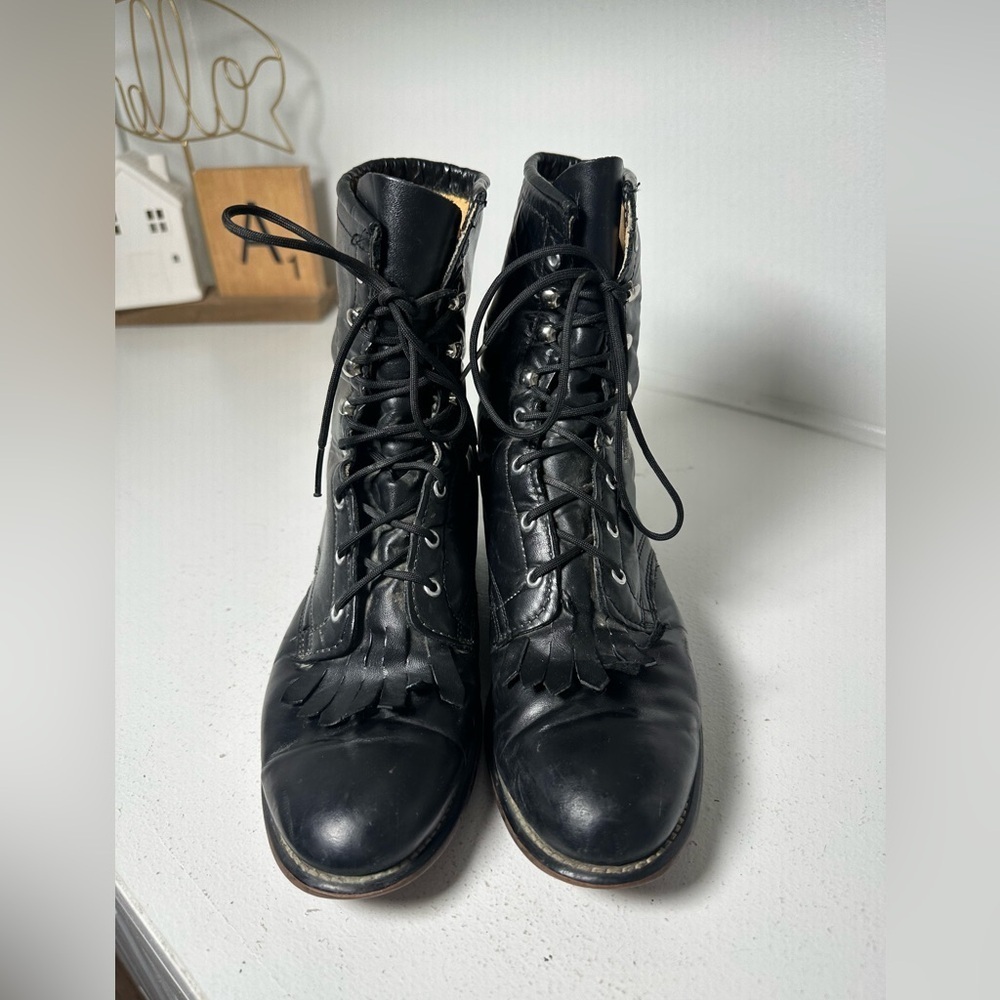 Vintage Laredo Womens 7 Black Leather Lace Up Kiltie Western Boots - Picture 2 of 8